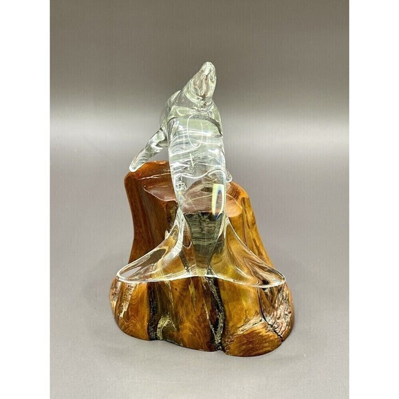 Vtg Clear Glass Dolphin Figurine On Wood Base 4" Hx 2.5" L - Picture 4 of 7